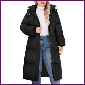 Plus Size Winter Coat Knee Length Fleece Lined Hooded Windproof Jacket